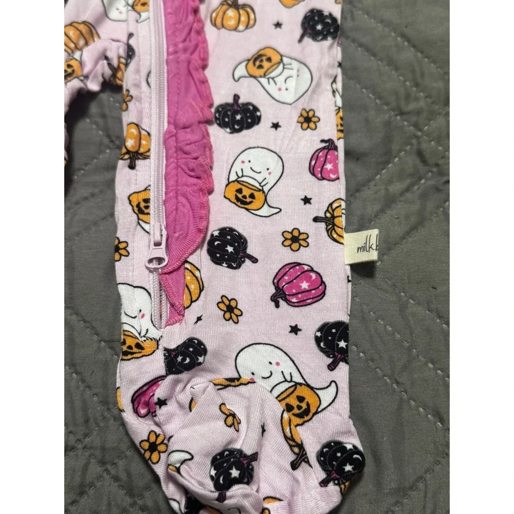 Milkberry Pink Bamboo Halloween Ghost Pumpkin Footed Sleeper & Headband Set 3-6M